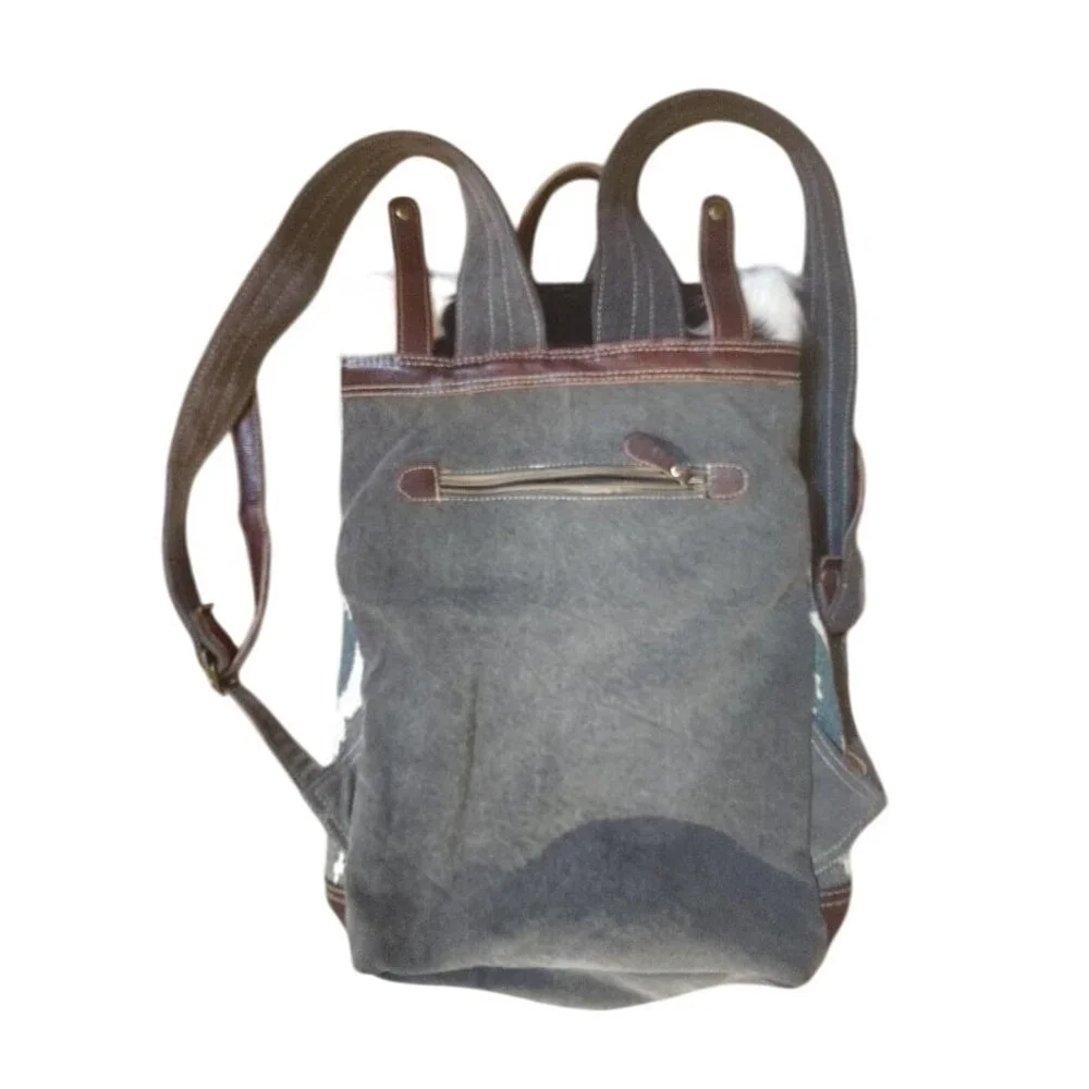 Handcrafted Myra Canvas & Leather Backpack With Ikat Print Cowhide Accent & Adju